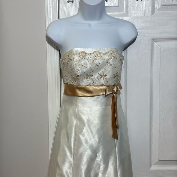 Jessica McClintock Gunne Sax Strapless Embroidered Gold Lace Satin Maxi Dress 1 - Picture 2 of 12